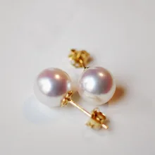 7-7,5 мм натуральные белые круглые жемчужные серьги Akoya с 14 K желтыми золотыми шпильками