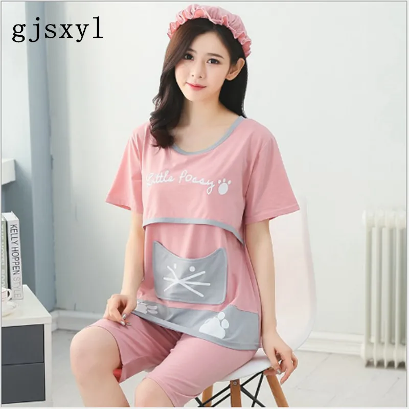 

Short-sleeved month dress summer thin section plus size code cotton pregnant women pajamas after childbirth mother breastfeeding
