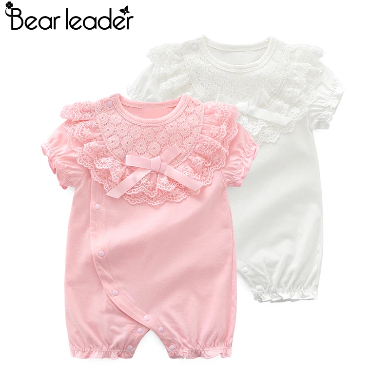 

Bear Leader Baby Rompers Patchwork Flower Lace Girls Clothes Solid Bow Round Neck Kids Romper Comfortable Newborn Baby Clothes