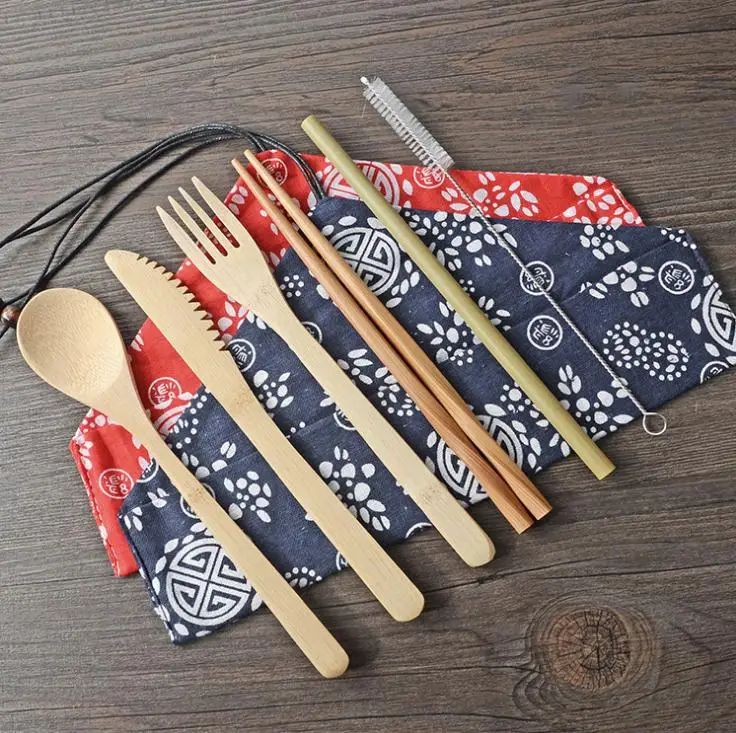 

50sets Portable Knife Picnic Natural Reusable Straw Spoon Fork Chopstick Kitchen Utensil Bamboo Cutlery Set SN2449