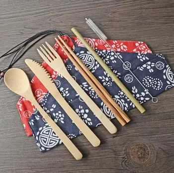 

50sets Portable Knife Picnic Natural Reusable Straw Spoon Fork Chopstick Kitchen Utensil Bamboo Cutlery Set SN2449
