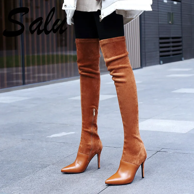 

Salu New Arrival Women Over The Knee Boots Autumn Winter Warm High Heels Shoes Woman Pointed Toe Elegant Zipper High Boots
