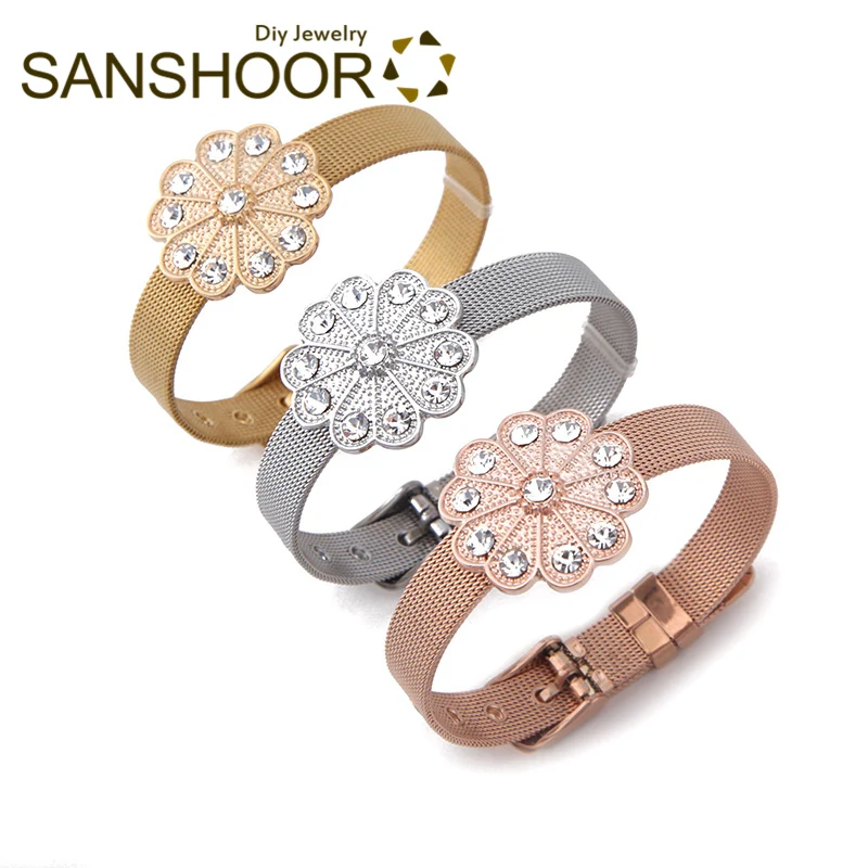 

SANSHOOR 21cm Mesh Stainless Steel Armband Keeper Bracelet Bangles Set With 2.8cm Big Size Crystal Flower Slide Charms For Women