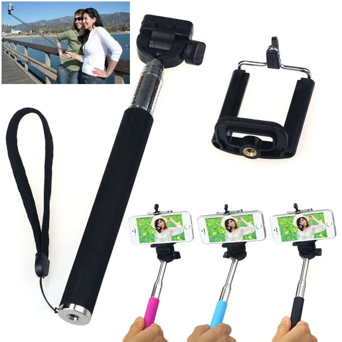 2014 New Arrival Extendable Handheld Self-portrait Tripod Monopod + Clip Holder For iphone 4 5 5S Free shippng & wholesale |