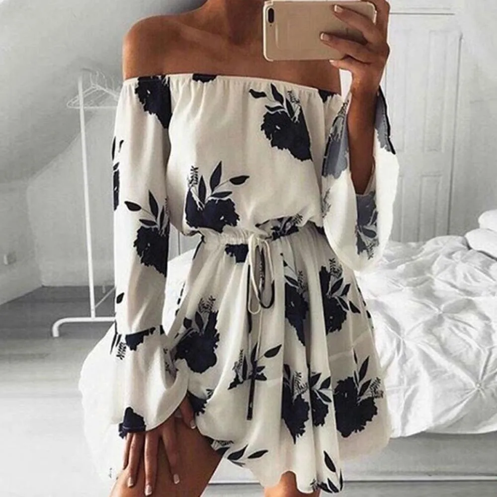 

Womens Off Shoulder Floral Printed Long Sleeve Beach Dress With Belt 401#