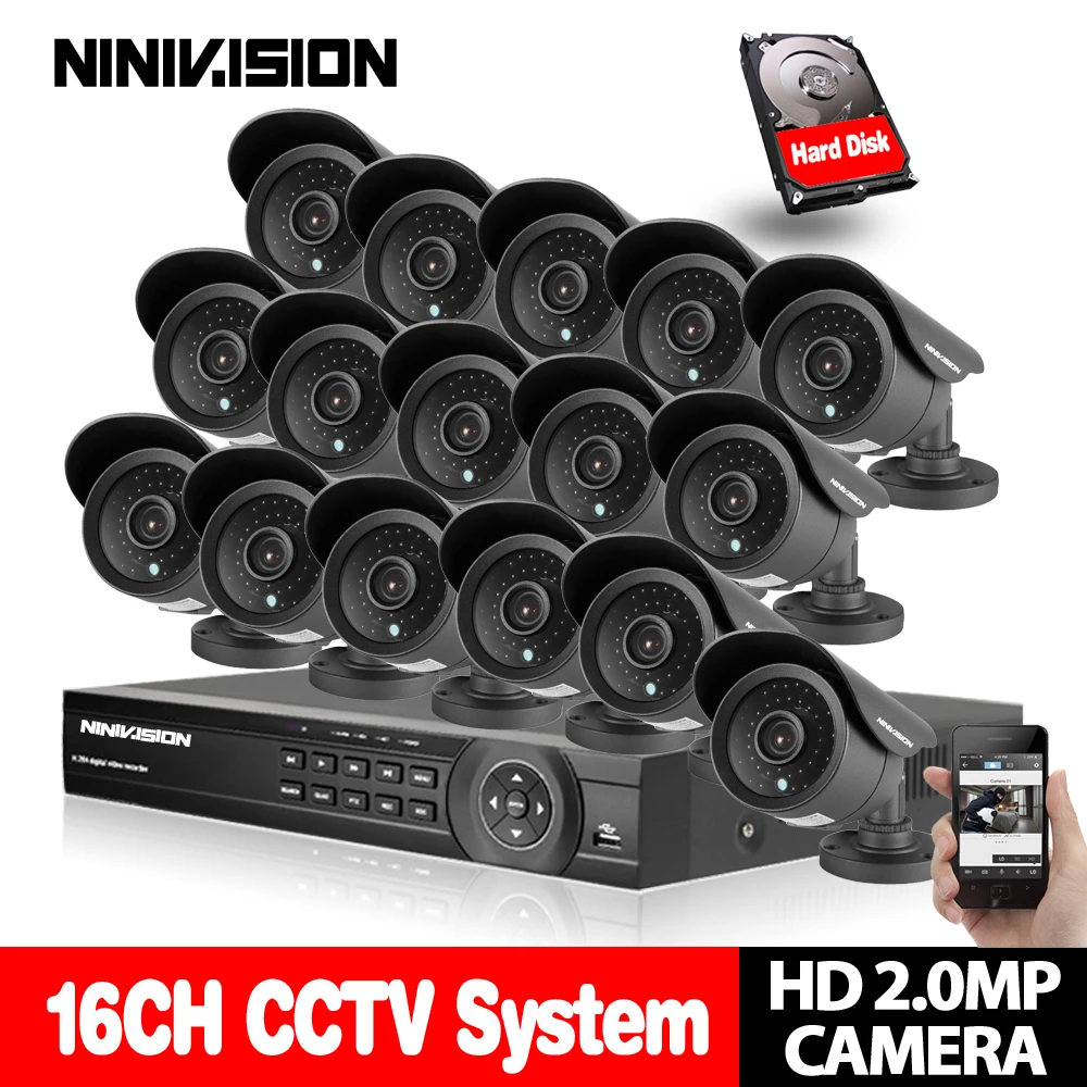 NINIVISION 16CH CCTV Системы 1080 P DVR комплект AHD CCTV видео Регистраторы 1920*1080 2.0MP видеонаблюдения Камера комплект с 4 ТБ HDD