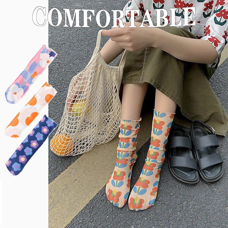 

Women Socks 1 Pair 2019 Summer New Girl Women Fashion Color Print Flowers Long Thin Socks Woman Breathable Korean Style
