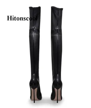 

New Rihana Women Leather Over The Knee High Heel Boots Pointed Toe Ladies Boots Thin Leg Stretch Fabric Stiletto Bowtie Boots