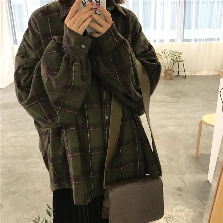 Harajuku Outono Xadrez Seção Fina lã Cardigan Coreano Puff Manga Magro Camisa Quente Jaqueta Retro Casual Feminino Botão Superior 2019 25 2019 harajuku outono xadrez seção fina lã