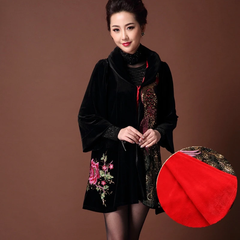 Taille Brie Le Mère L'automne Or Âge Graisse Femmes Plus Broderie Velours Manteau Velvet vent Noir Moyen Survêtement black Coupe D'hiver Chargé De zx0FFnrwd