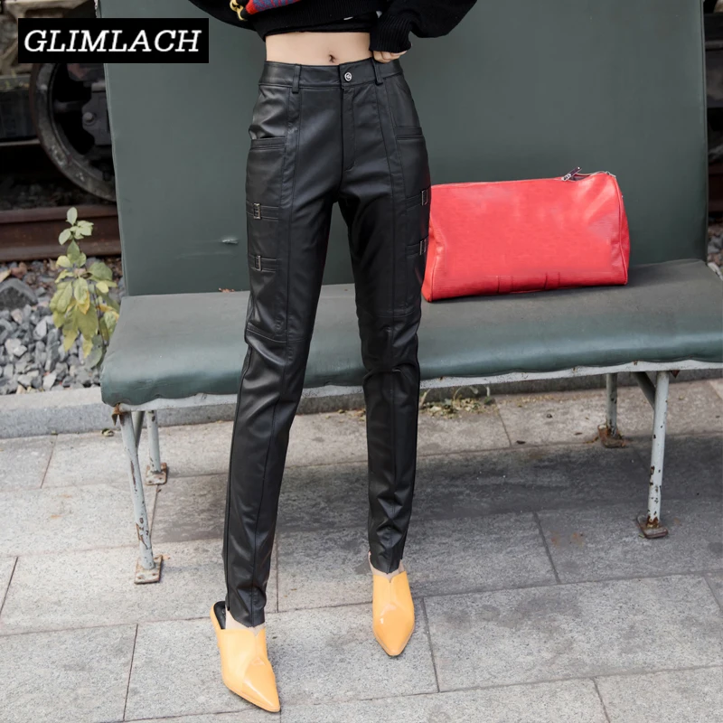 New Plus Size S-4XL Women Slim Real Leather Pants Buckle Quality Cowhide Motorcycle Trousers High Waist Full Length Pencil Pants