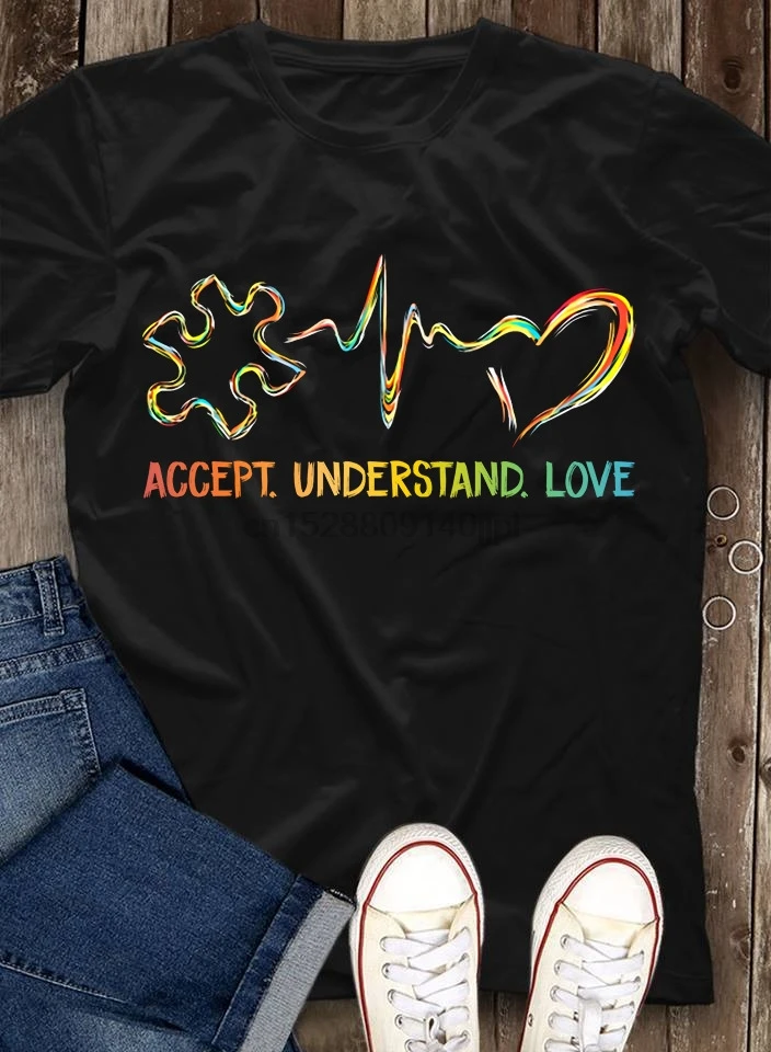 

Accept Understand Love Heartbeat Puzzle Colorful Autism Black T Shirt S 4Xl