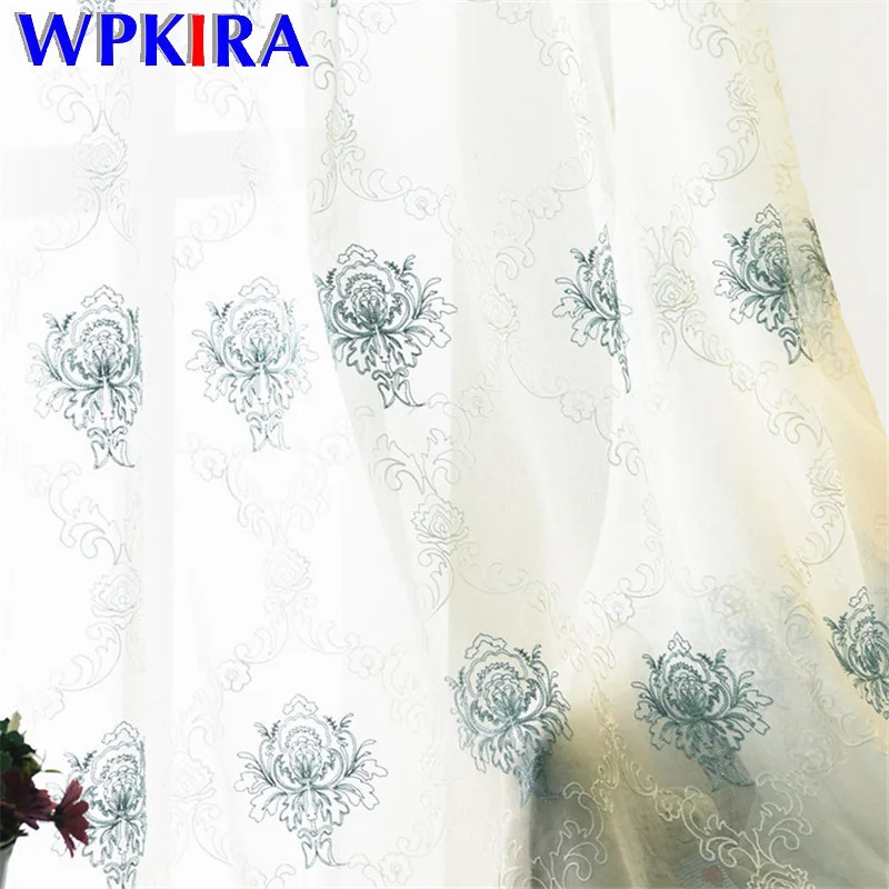 Cortina de tul europea para sala de estar dormitorio ventana tratamiento azul Floral bordado blanco puro gasa cortina tul FQ001D3 Cortina de tul europea para sala de estar dormitorio ventana tratamiento azul Floral bordado blanco puro gasa cortina tul FQ001D3