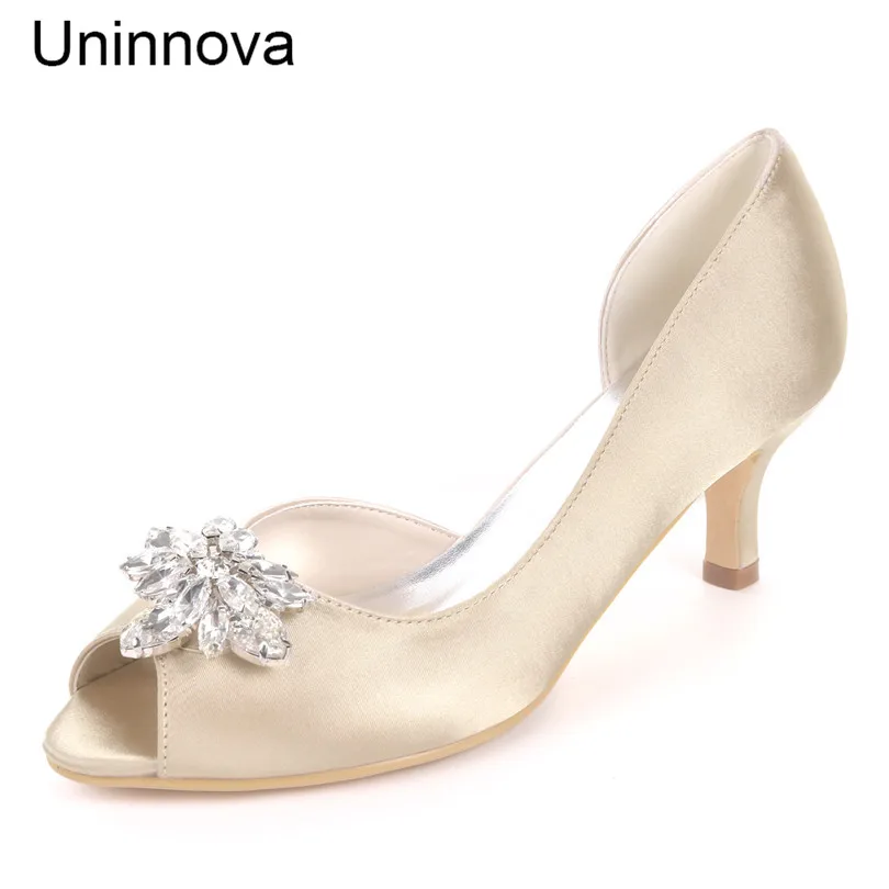 

Wedding Pumps Bridal Bridesmaid Shoes White Ivory Champagne Med Heel Elegant Crystal Peep Toe Pumps Uninnova Y1195-08A