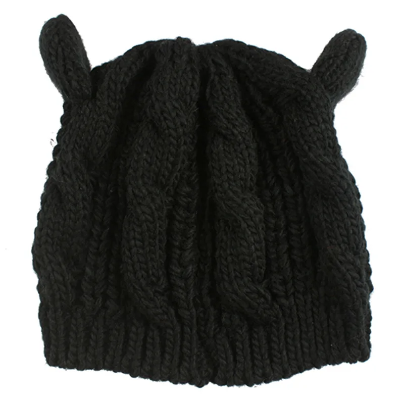Зимние шапки бини с кошачьими ушками для женщин и девочек, новая милая однотонная шапка, вязанная крючком, шапочки с черепами, теплая шапка, женская вязаная шапка на осень - Цвет: Black Cap