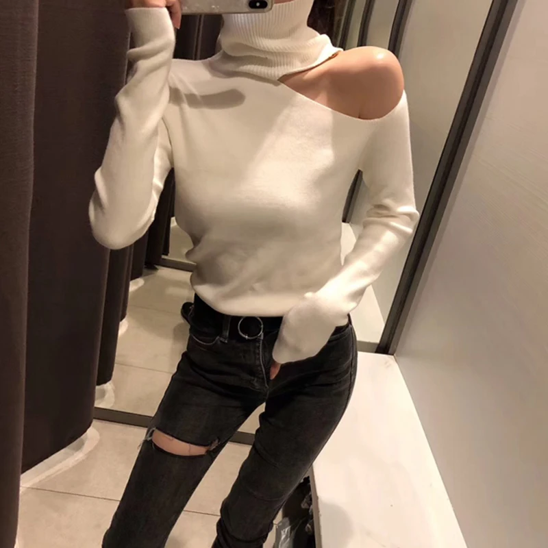 Knitted Sweater Off Shoulder Pullovers Sweater for Women Long Sleeve Turtleneck Female Jumper Black White Gray Sexy Clothing Knitted Sweater Off Shoulder Pullovers Sweater for Women Long Sleeve Turtleneck Female Jumper Black White Gray Sexy Clothing