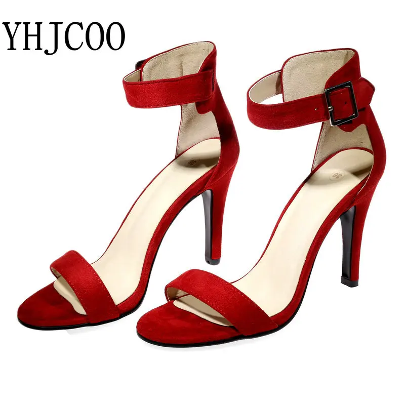 

2017 Summer New Sexy Fine Heel Woman Sandals Buckle Suede Woman High Heel Sandals Women's Shoes Size 34-43