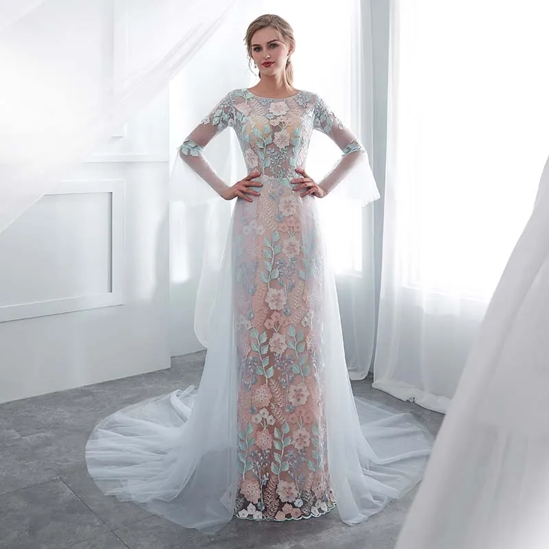 Lakshmidress/светло голубое вечернее платье с длинным рукавом сексуальные кружевные