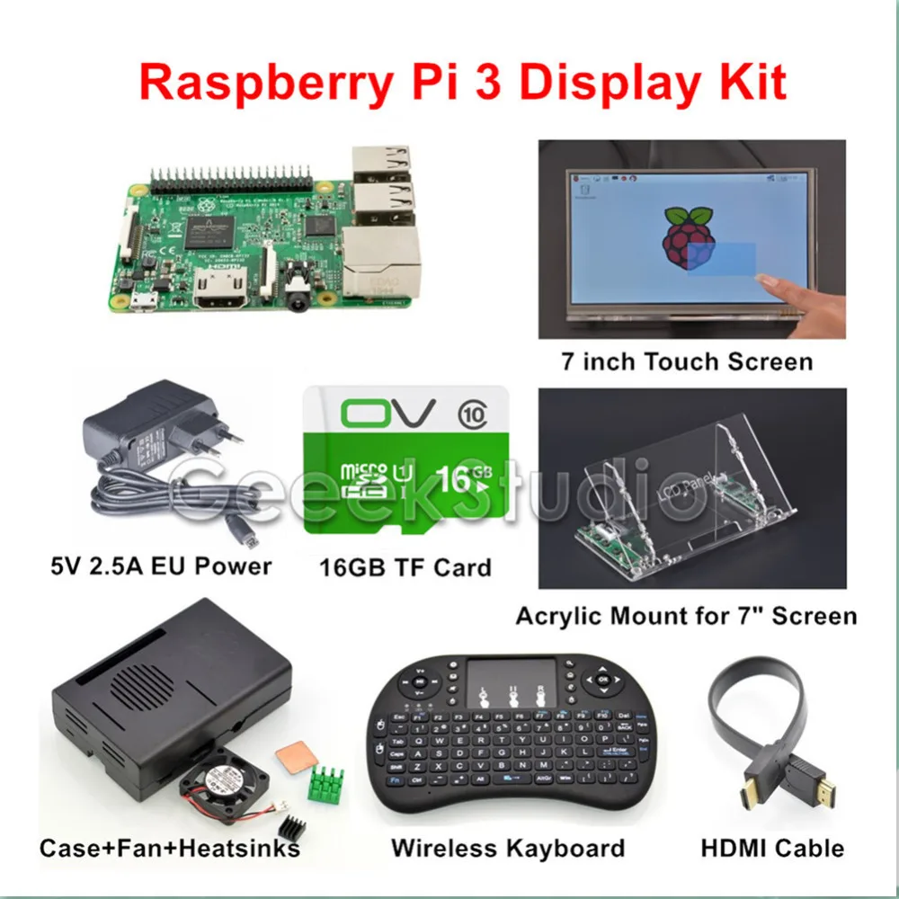 

Original Raspberry Pi 3 16GB Starter Display Kit with 7 inch 1024*600 Touch Screen + 5V 2.5A EU/US/UK/AU Power Supply