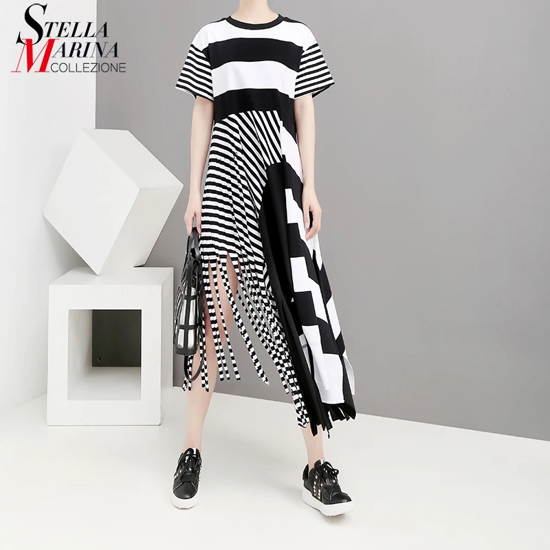 

New 2019 Korean Style Women Summer Long Black Stripe Dress With Tassel Ladies Unique Casual Party Dresses Style Robe Femme 5196