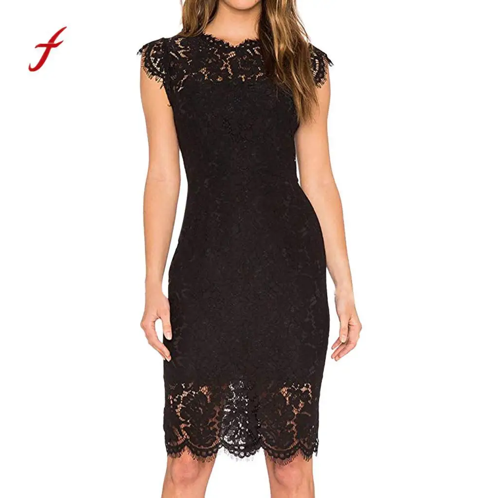 

Lace woman dress Autumn Spring Sleeveless Floral Elegant dress Cocktail Crew Neck Knee Length sexy robe roupas Femininas