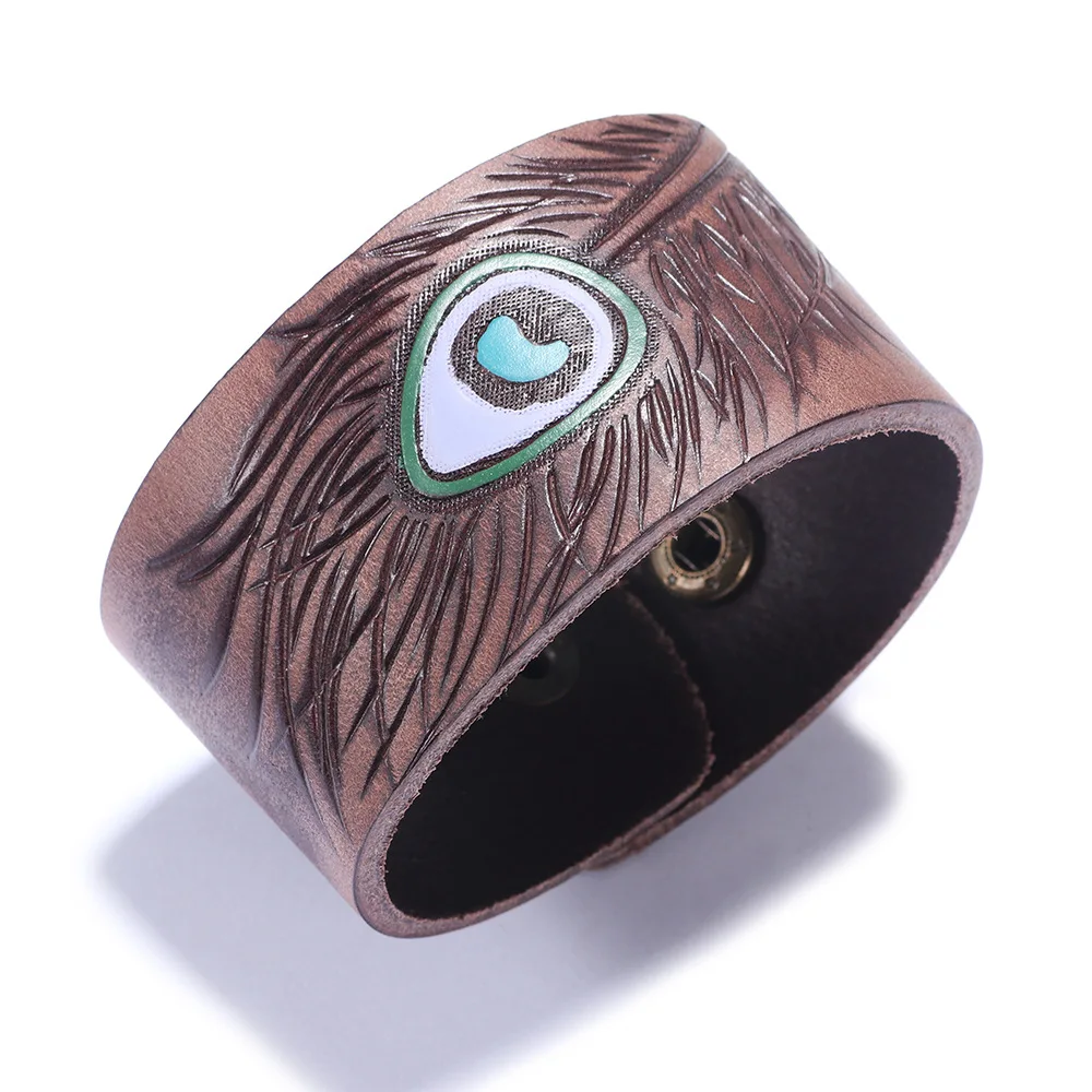 Us 3 99 Mens Charm Bracelets Pea Feather Genuine Leather Jewelry Wide For Men Snap On Festival Gift In Cuff Us 3 99 Mens Charm Bracelets Pea Feather Genuine Leather Jewelry Wide For Men Snap On Festival Gift In Cuff