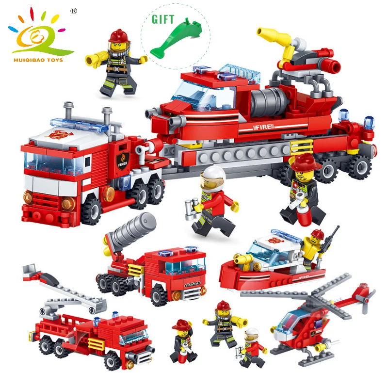 

HUIQIBAO TOYS 4 in 1 City Firefighting Building Blocks DIY Fire Truck Helicopter Boat Compatible Legoed City Firefighter Bricks
