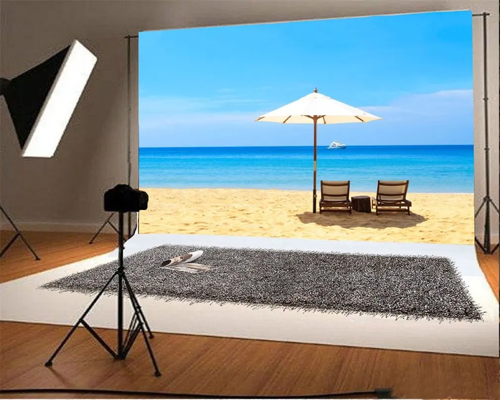 

Photography Backdrop Beach Parasol Seaside Recliner Luxury Ship Blue Sky Nature Romantic Photo Background