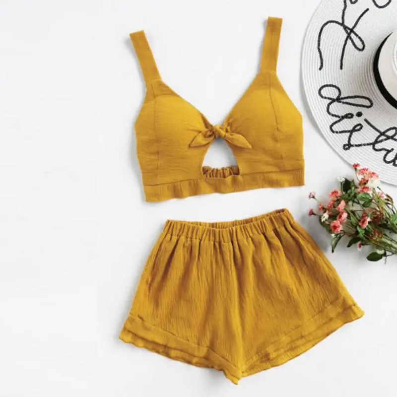 

2 Piece Set Women Sexy Bow Crop Top Mini Skirt Bodycon Elastic Female Beach Suit Elegant Club Party Hollow Shorts Suit #2**