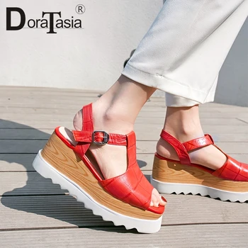 

DORATASIA 2019 New Fashion T-strap Sandals Women Summer Cow Leather Peep Toe Platform High Heels Sandals Women Shoes Woman