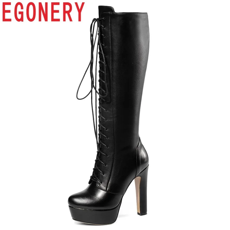 

EGONERY 2019 new fashion round toe super high square heel platform genuine leather women shoes cross-tied zip over knee boots