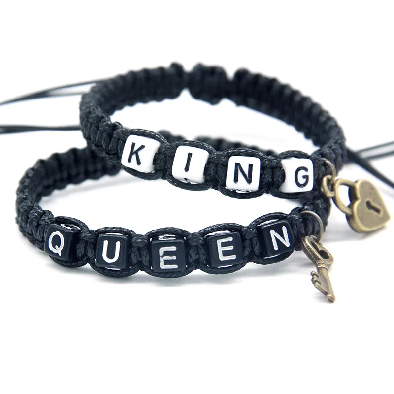 2pcs/pair Couple Bracelets Cool Black King And Queen With Key Lock Rope Chains Lovers Gifts Handmade Charm Bracelets Accessories