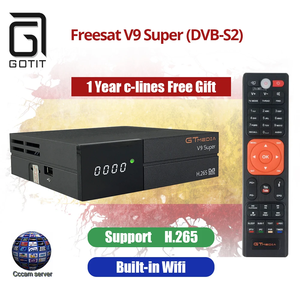 

New GT Media V9 Super Satellite Receiver DVB-S2 H.265 built-in WIFI+1Year Europe Spain CCcam TV Box Newest version of V8 Super