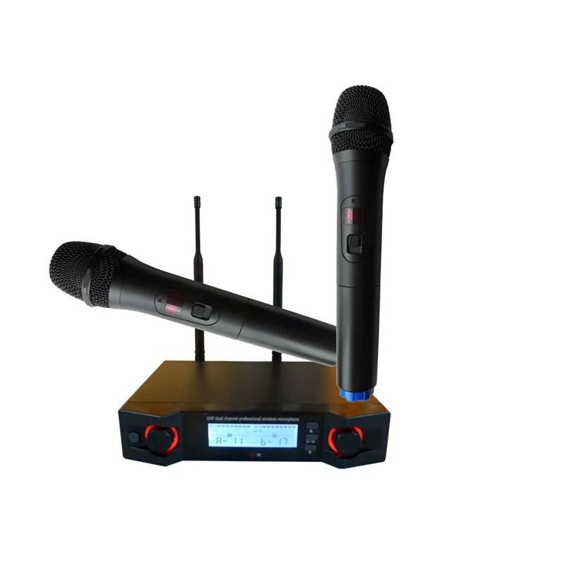 

Made in China Latest UHF 2 channels digital wireless microphone system with 2 handheld mikes for stage performance karaoke use