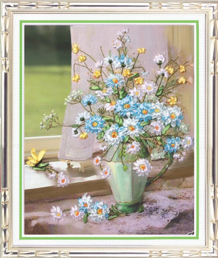 

New Arrival DIY Unfinished Ribbons Embroidery 5D Paintings Sets Handmade Needlework Embroidery Kits, Daisy 50*40cm