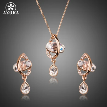 

AZORA Rose Gold Color Marquise Stellux Austrian Crystal Drop Earrings and Pendant Necklace Jewelry Sets TG0219
