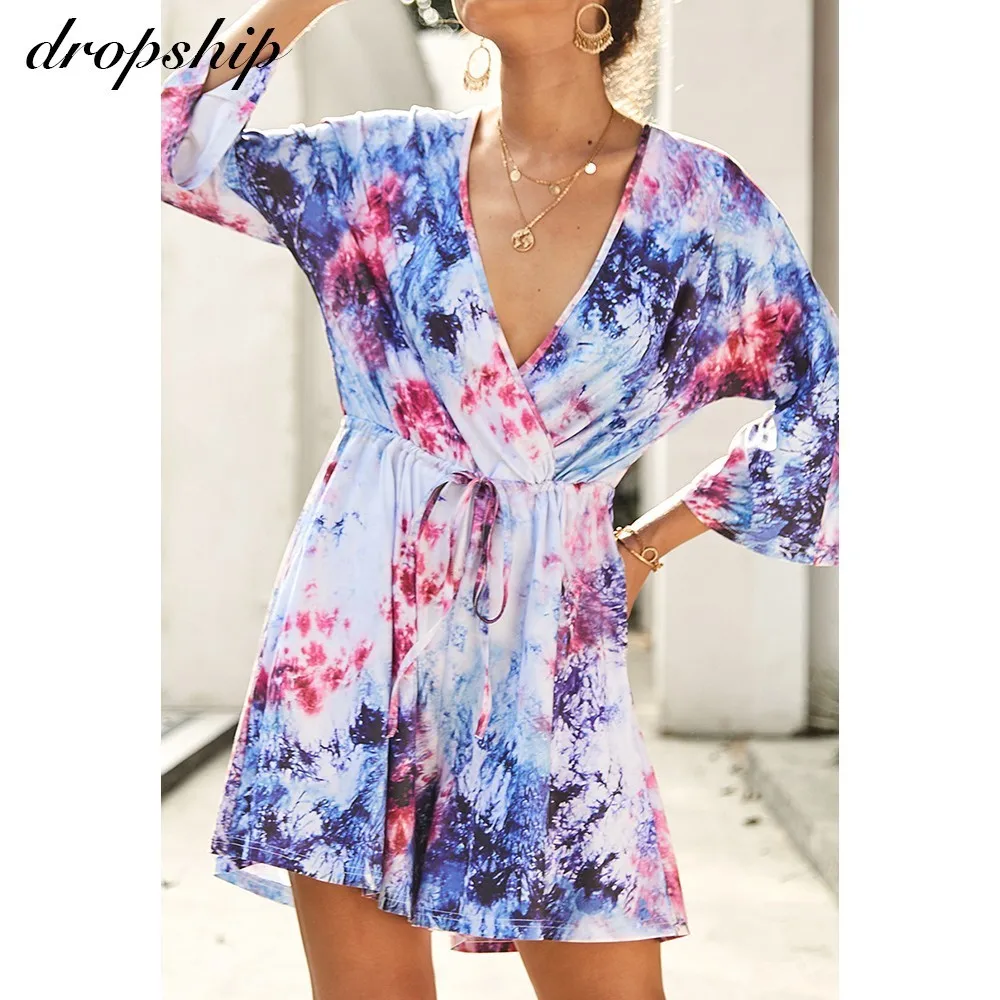 Dropship Rompers Womens Jumpsuit Overalls 2019 Neon Streetwear Sexy Fashion Nova Summer Shorts Print Lace-up Deep V Long-sleeve