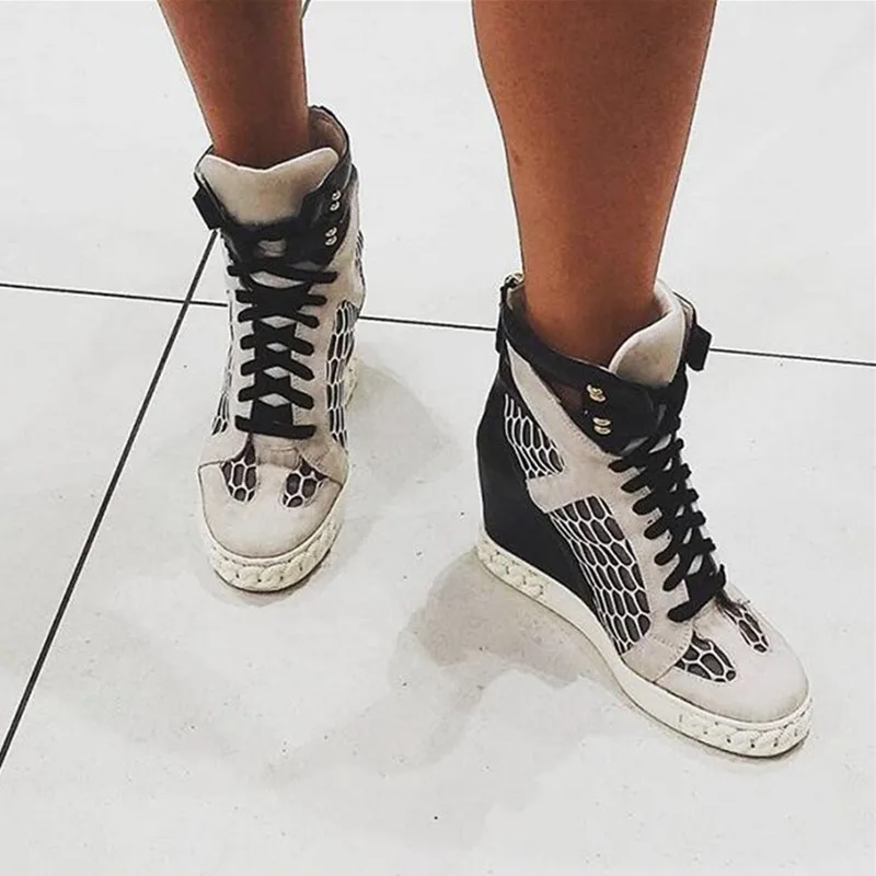 

Genuine Leather Rubber Sole With Chains Trainers Women Wedges Spring Summer Mesh Cut Out Ankle Booties Sneaker Lace Up W