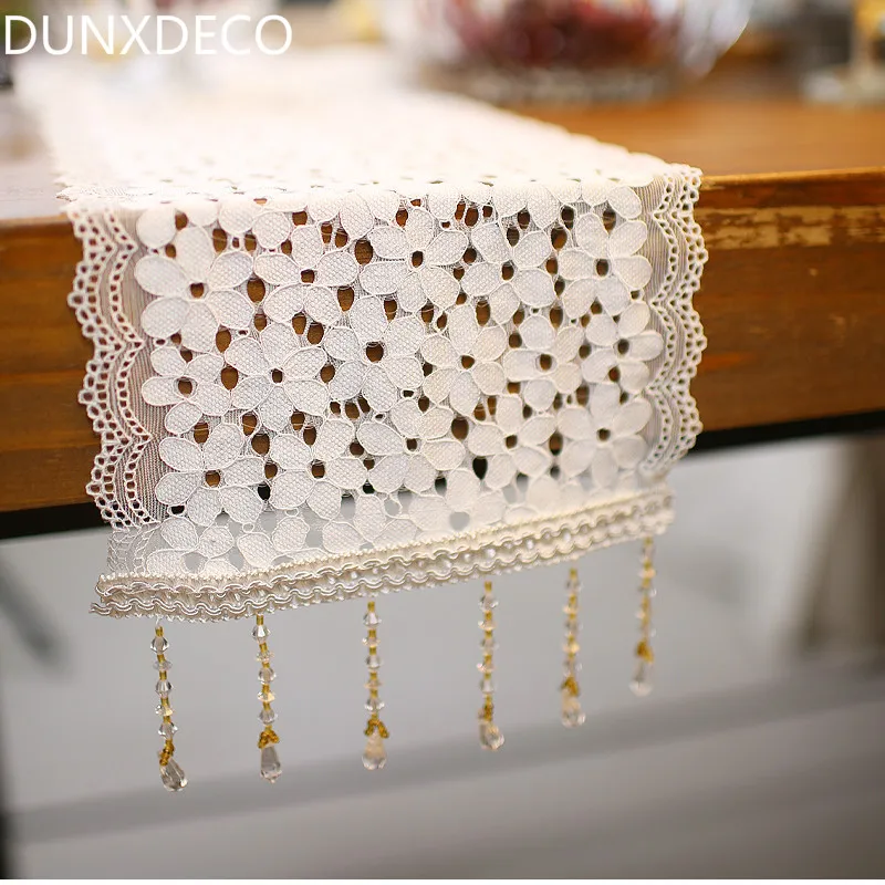 

DUNXDECO Table Runner White Lace Table Cloth Nordic Country Style Party Wedding Decoration Fabric Cover