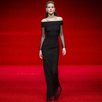 

Seamyla 2020 New Bandage Dress Women Elegant Slash Neck Black Mesh Evening Party Dresses Vestidos Sexy Bodyco Long Maxi Dress