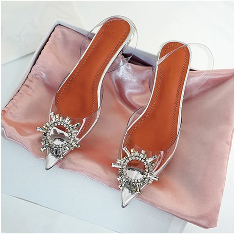 

Front Crystal Decors Sandalias Mujer Clear PVC Women Sandals Pointed Toe Slingback Elegant Ladies Party Shoes zapatos de mujer