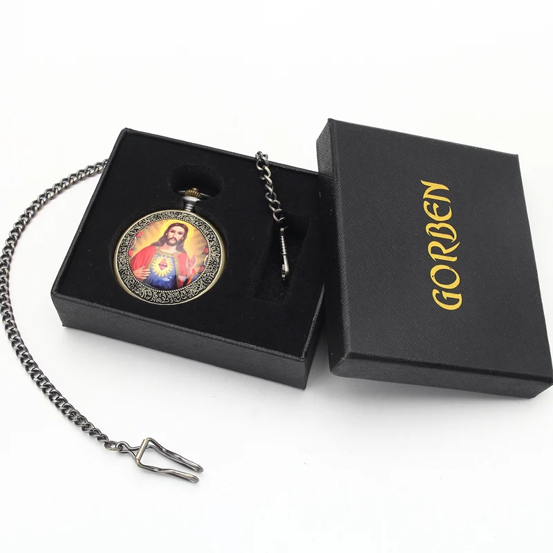 Коробка посылка Романтический Мадонна Мэри карман брелок часы с цепочкой Пасха Иисус кварцевые карманные часы для Для мужчин s Для женщин