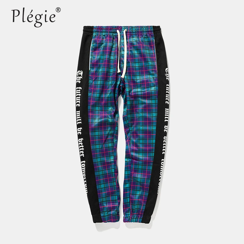 

Plegie Hi-Street New 2018 Autumn Sweatpants Men Casual Pants Drawstring Waist Skinny Pants Unisex Patchwork Plaid Trousers