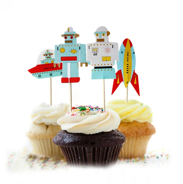 48pcs Lot Aviation Robot Cake Cupcake Topper Birthday Party Supplies