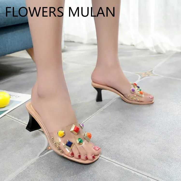 

Transparent PVC One Buckle Women Slippers With Colorful Spiked Rivets Slip On Girl Slides Slingbacks Strange High Heels Shoes