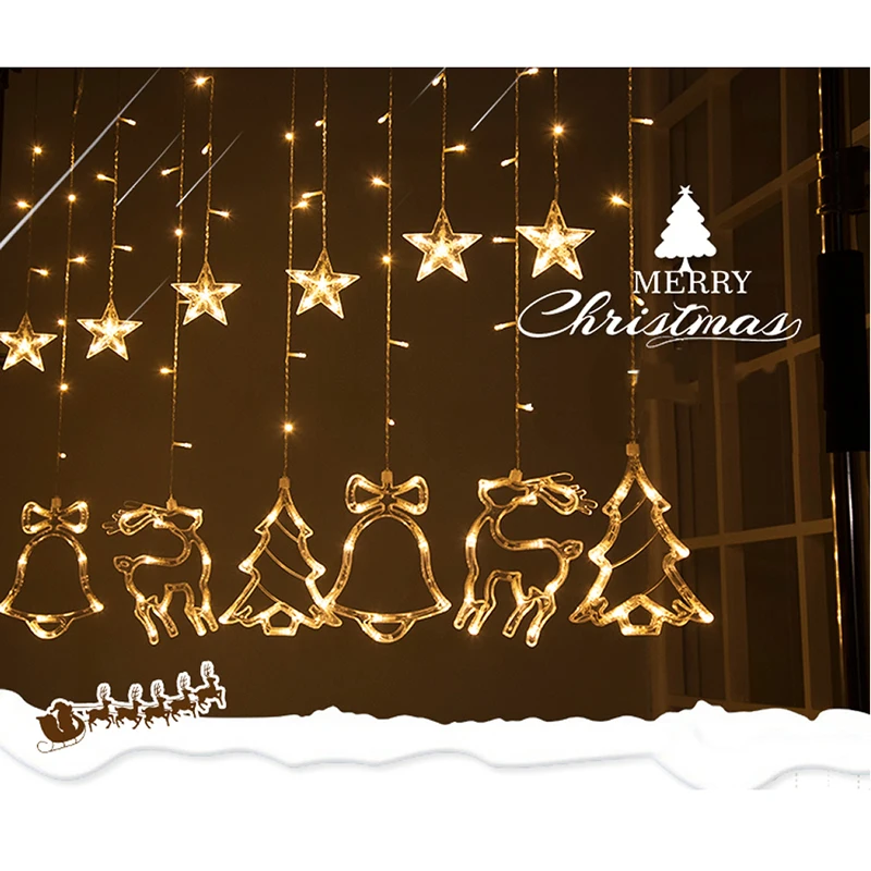 Деревянный светильник 3 м 12LED для праздничной вечеринки, декоративный светильник на окно для рождественской вечеринки, светильник-Гирлянда для занавесок, светильник со звездами/колокольчиком/оленем/деревом, уличный светильник
