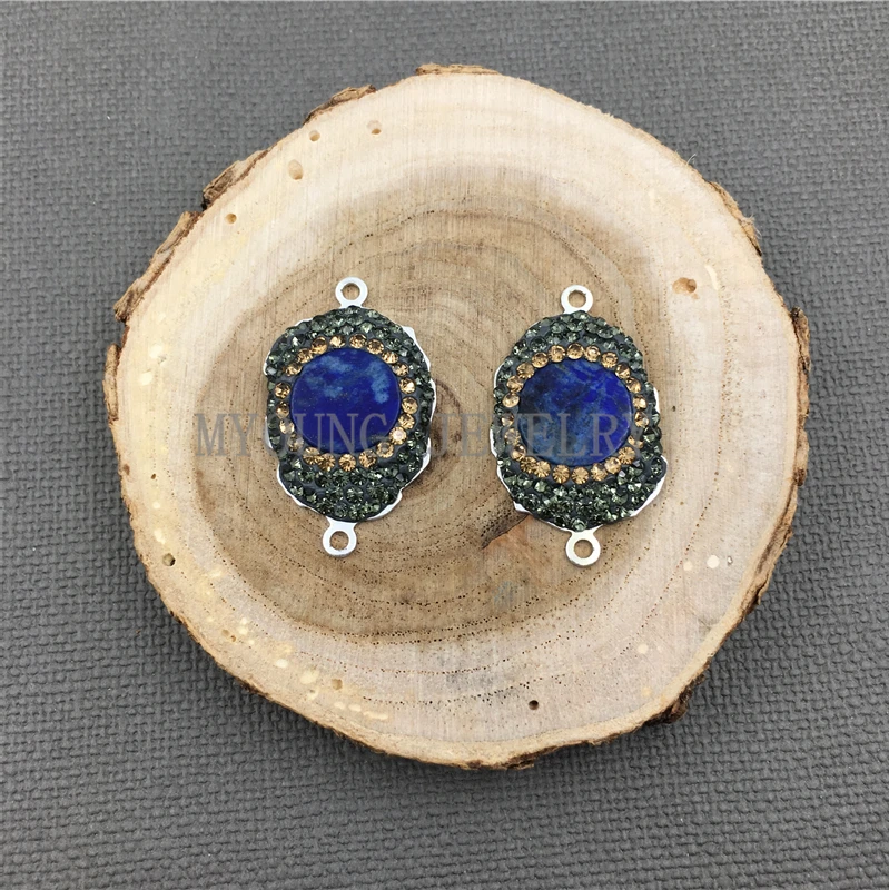 

MY1190 lazurite round little slice with Rhinestone Paved edges Oval Connector double silver plated bails