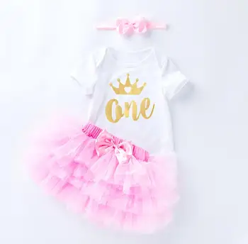 

3PCs per Set Pink Baby Girls 1st 2nd Princess Birthday Romper Six-layers Skirt Flower Headband for 0-24Months