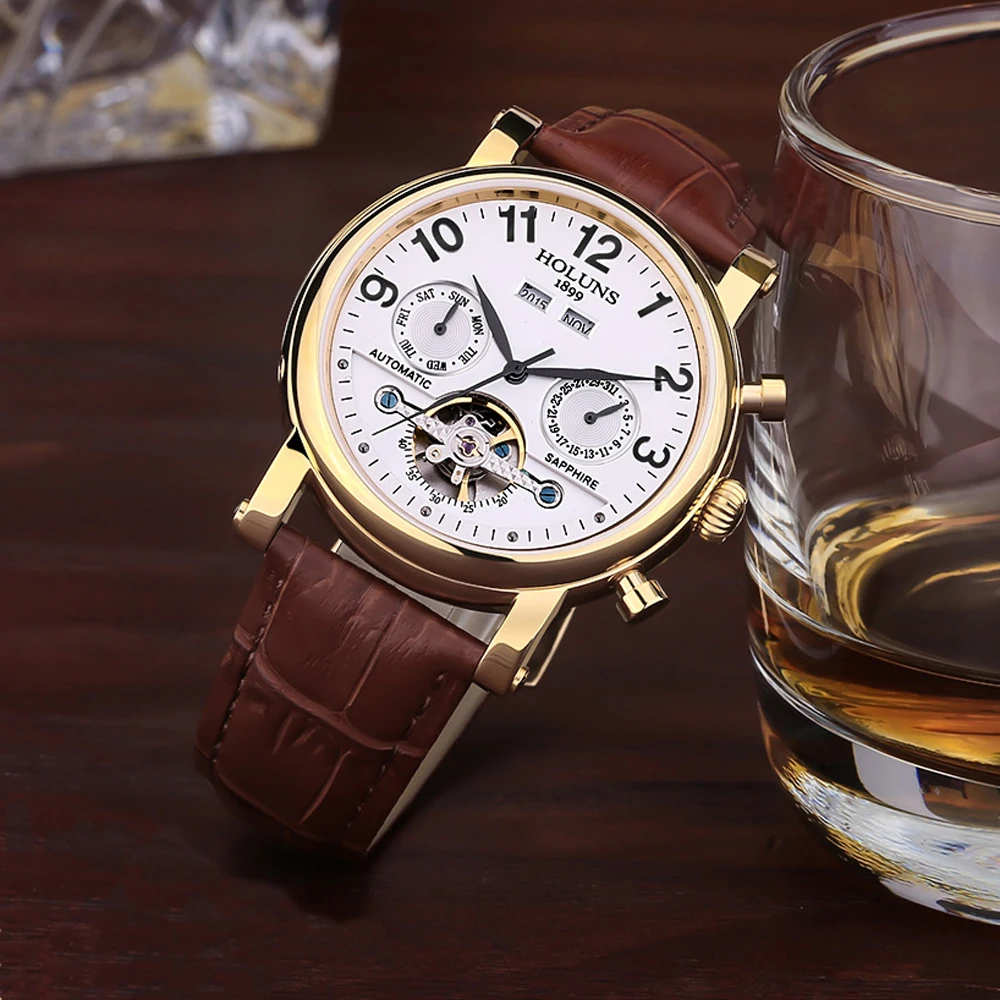 Часы наручные мужские механические золотистые с кожаным ремешком|watch brand|watch