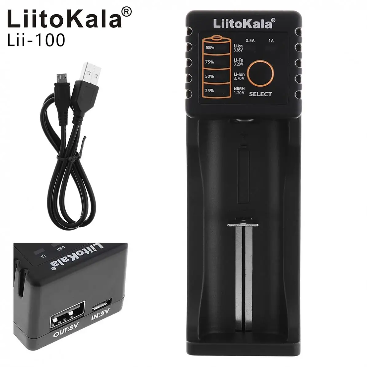 

Liitokala Lii-100 USB Smart Charger with LED Indicator for 1.2V 3.7V 3.2V 3.8V AA AAA 26650 18650 18350 Lithium / Ni-MH Battery